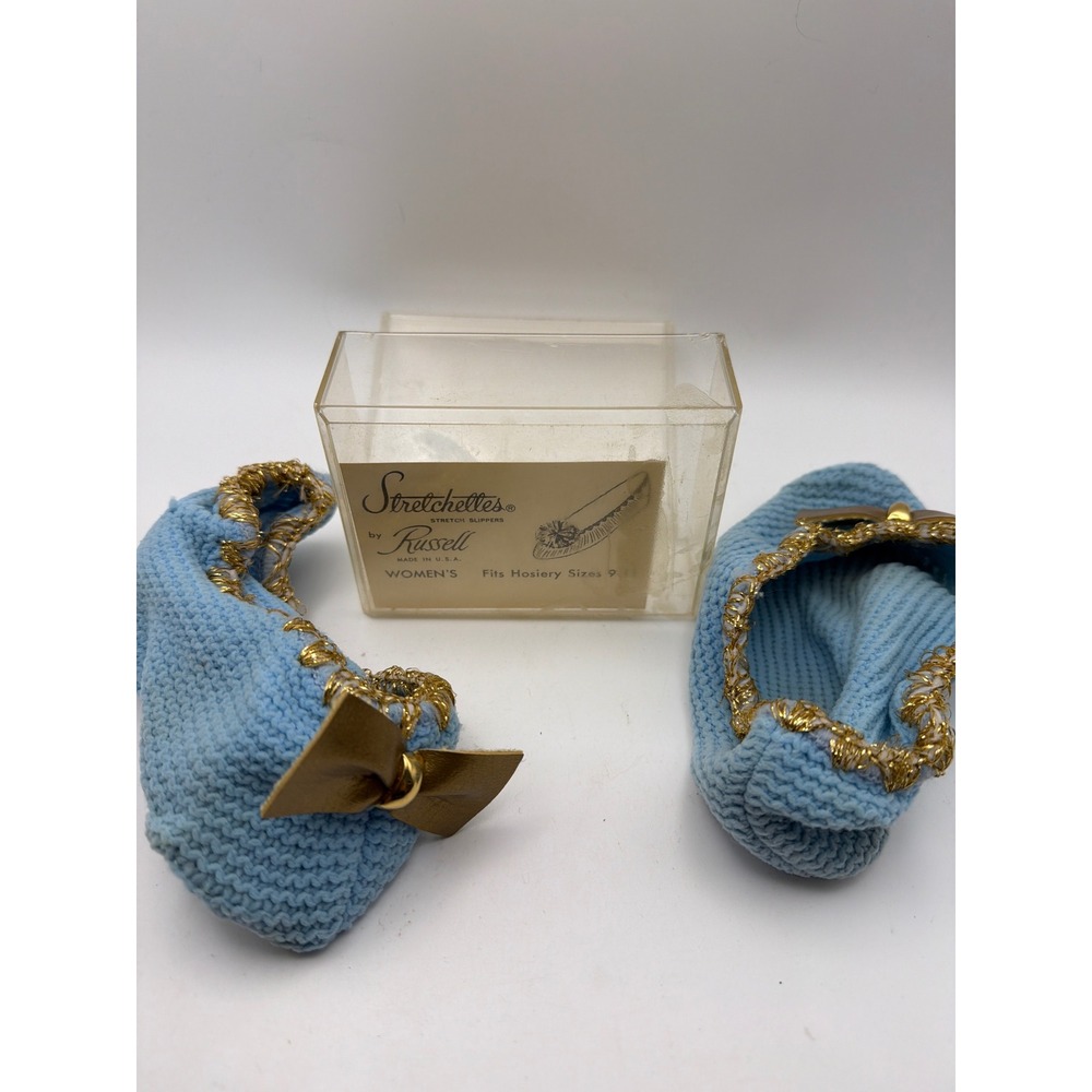 Vintage Stretchettes by Russell Blue Knit Stretch Slippers Gold Bow USA Made